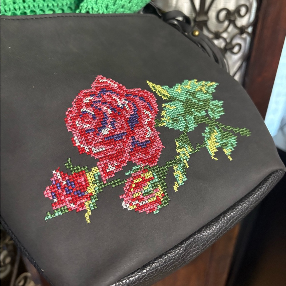Bueno Black Crossbody Bag with Vibrant Floral Embroidered Details